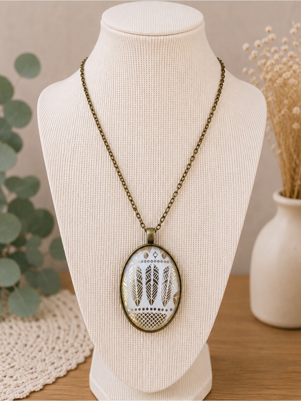 Handmade Oval Feather Pendant Necklace Keychain